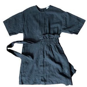 Msgm black short sleeve linen/cotton blend tie waist mini dress 36